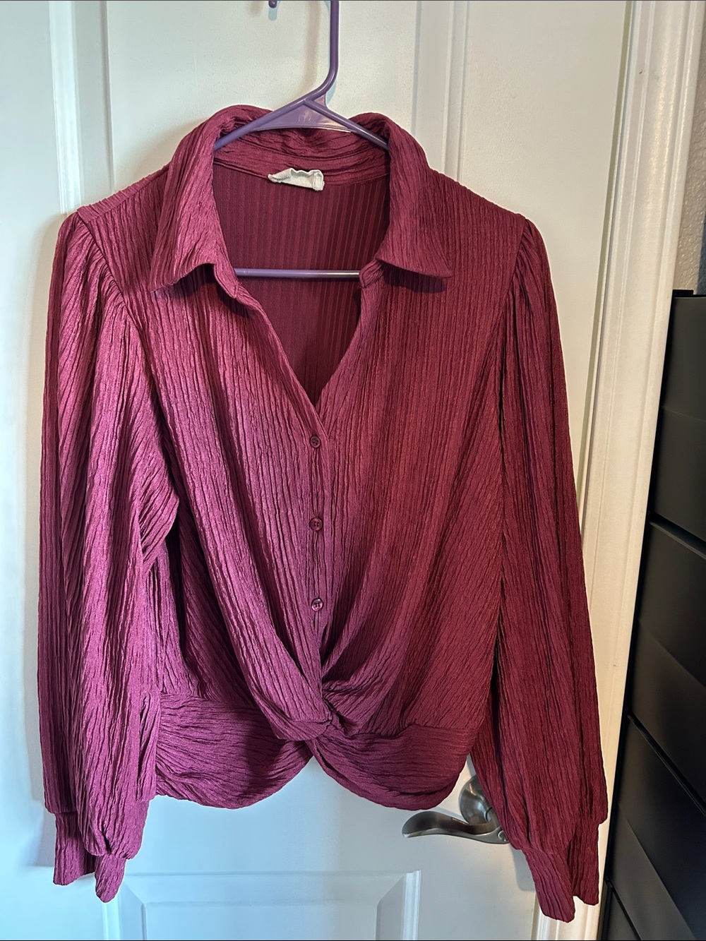 Textured Twist-Front Blouse in Burgundy